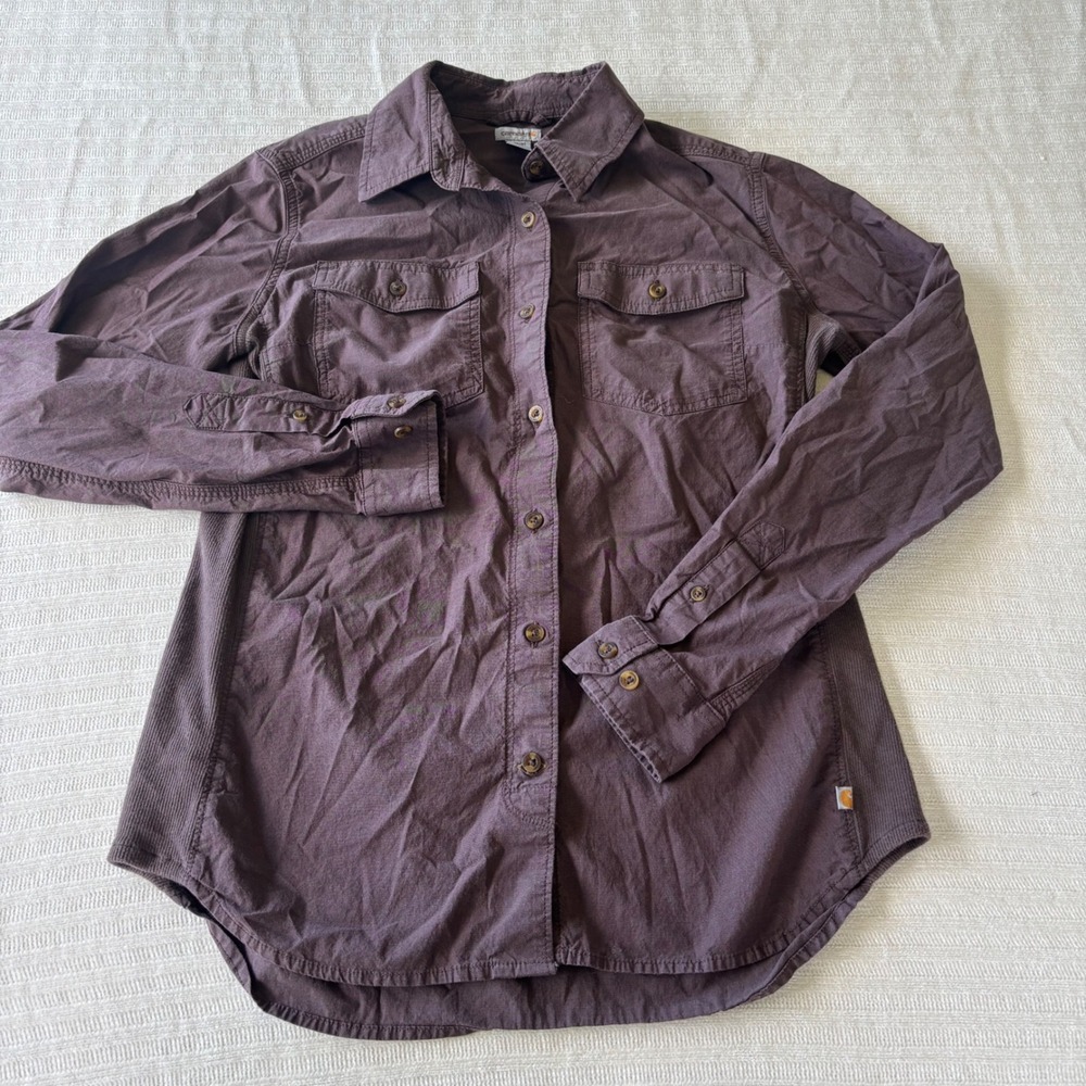 Carhartt Womens 103600 Plum Ribbed Side Panel Button Down Work Shirt Small 4/6